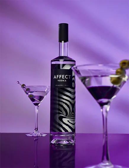 Affect Vodka bottle with two martini glasses