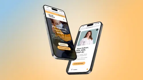 Two floating phones featuring North Central's website on mobile