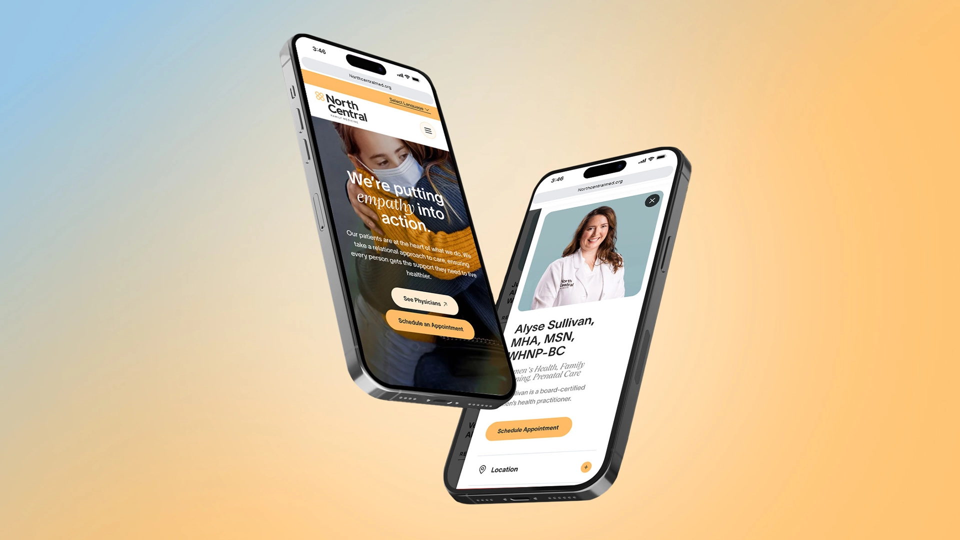 Two floating phones featuring North Central's website on mobile