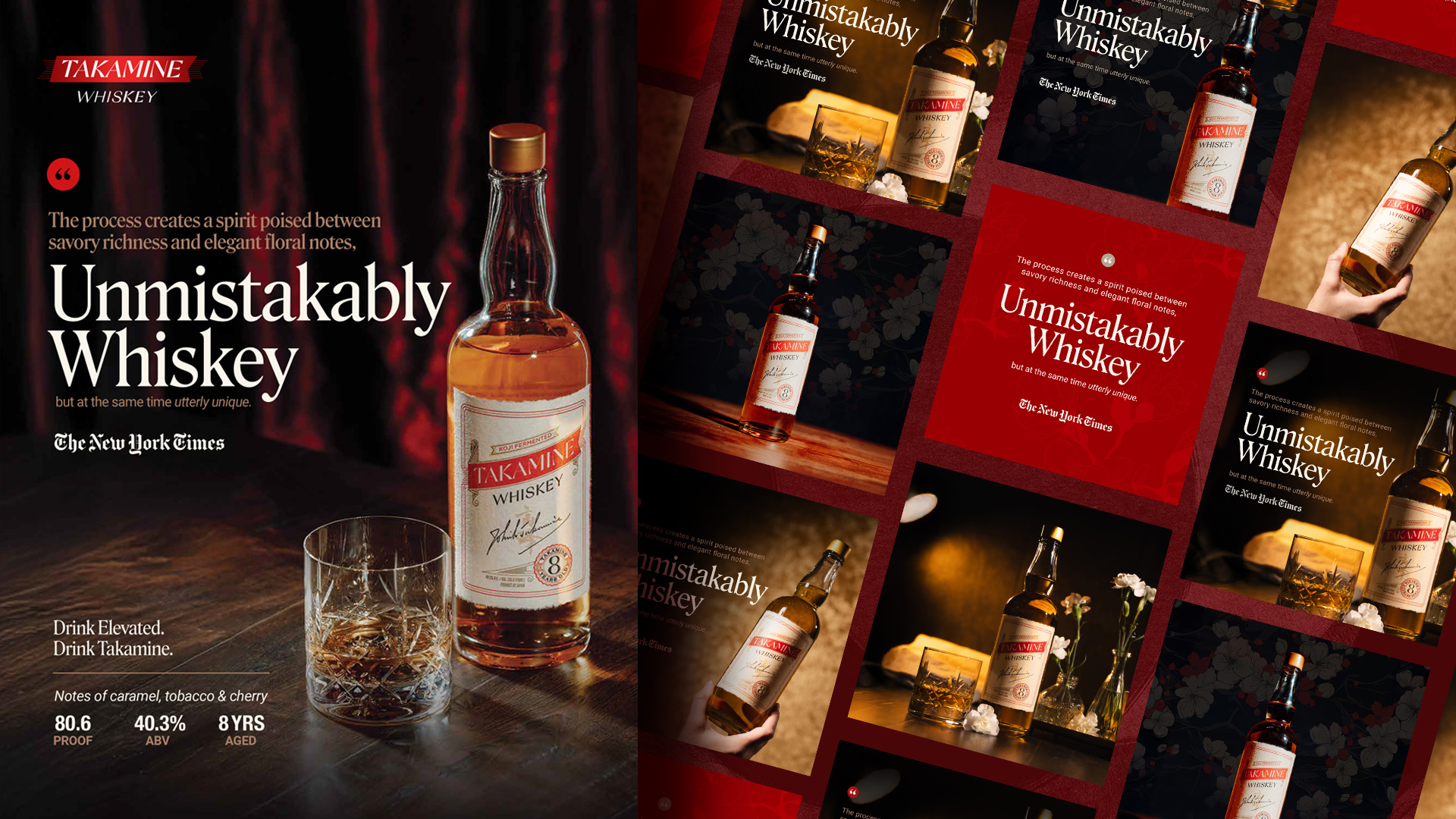 Takamine Whiskey Paid Ads and Poster featruing the New York Times article.
